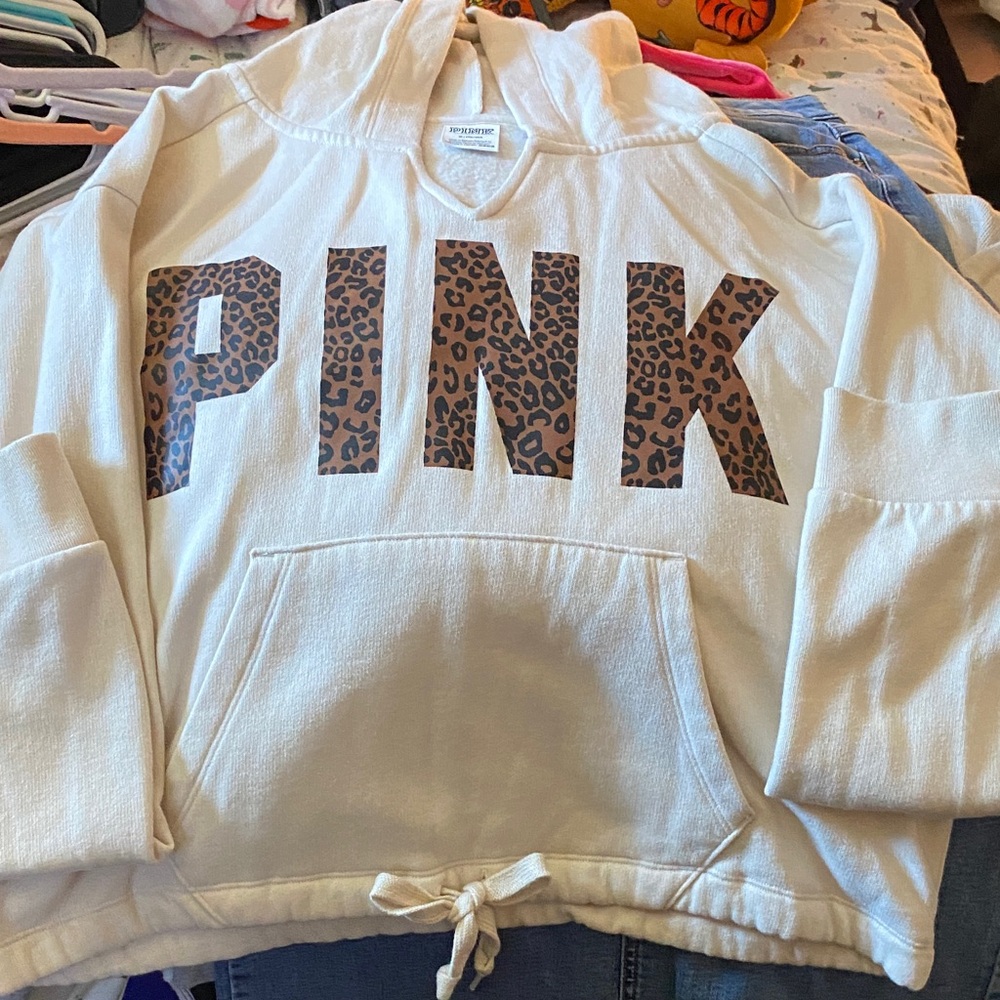 Victoria's Secret White Hoodie with Leopard Print